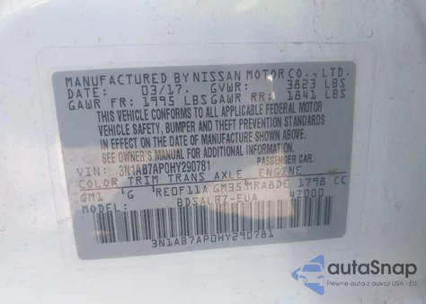 2017 Nissan Sentra S z USA, uszkodzony, nr VIN 3N1AB7AP0HY290781